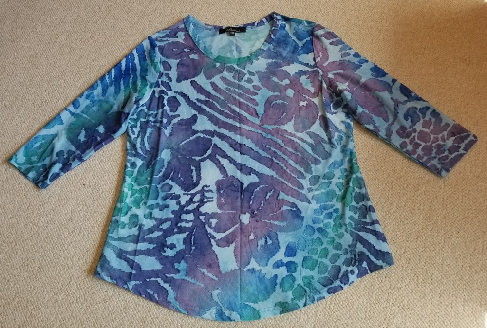 Womens Top-CALEOAS-blue floral burnout knit Boho Art-to-Wear pullover-PM